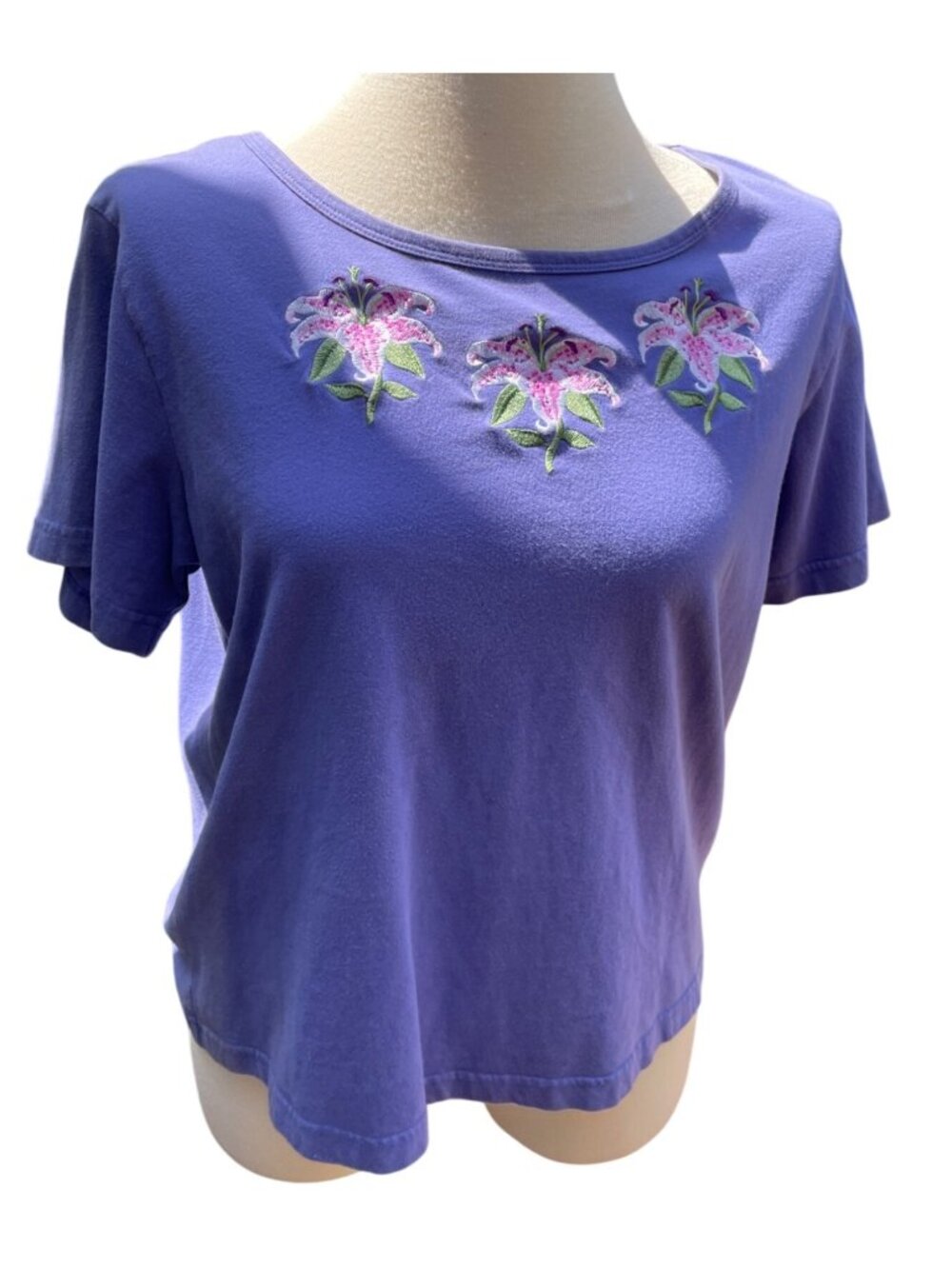 Bob Mackie Purple Embroidered Floral Cotton Short Sleeve Top Womens Large Vintag